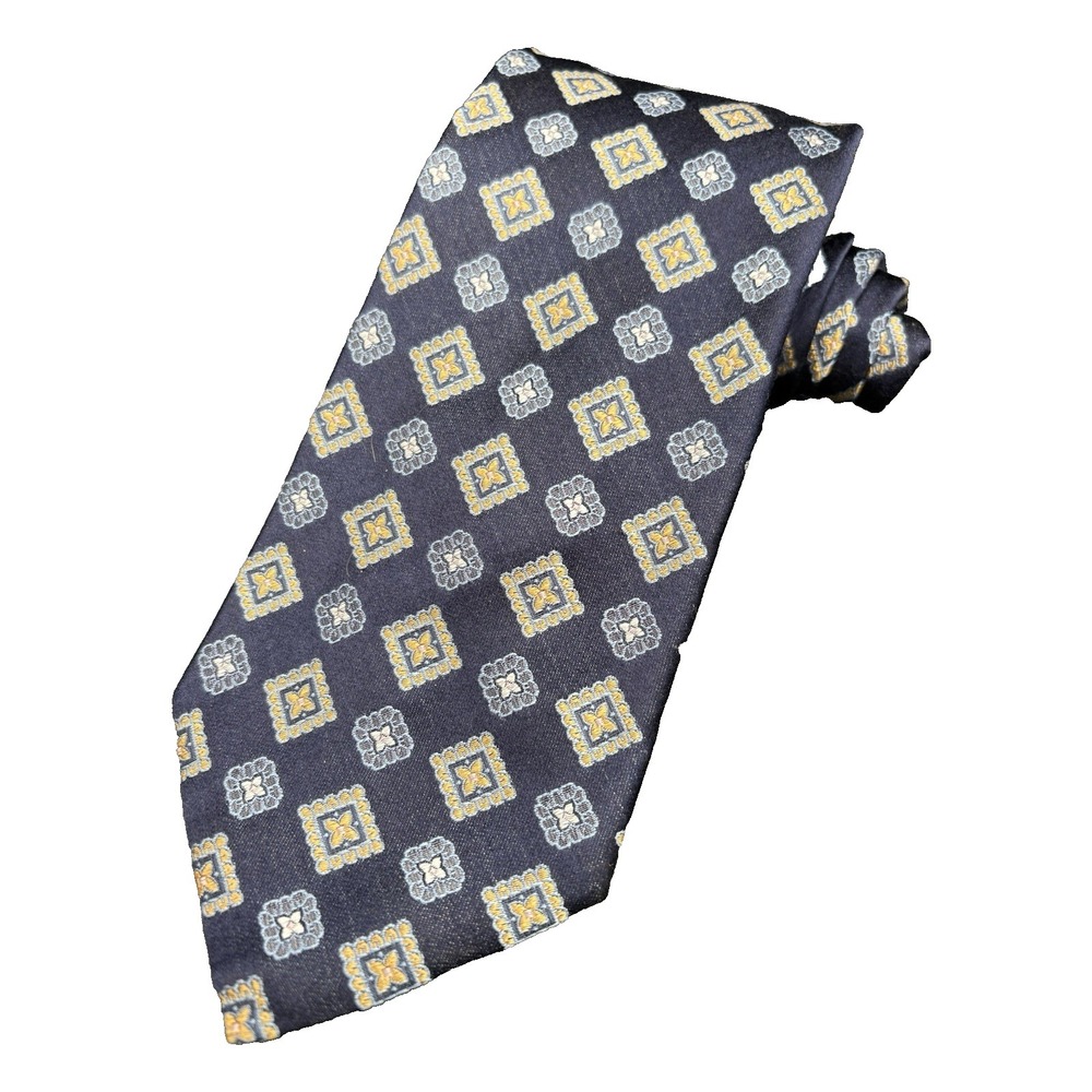 Allea Milano Men's Tie 100% Silk Geometric Navy Blue Gold Made in Italy EUC